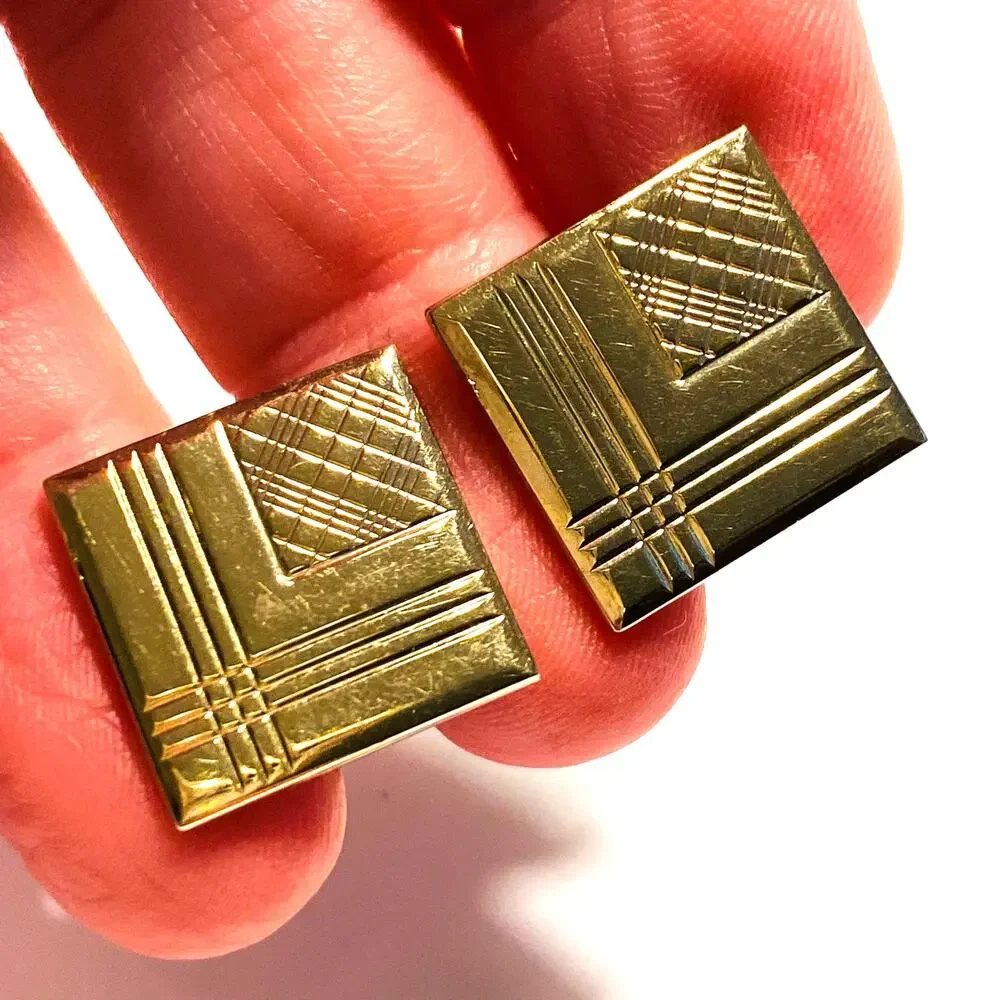 Vintage Mid Century Men’s jewelry Set Cufflinks & Tie Bar Gold Geometric Squares